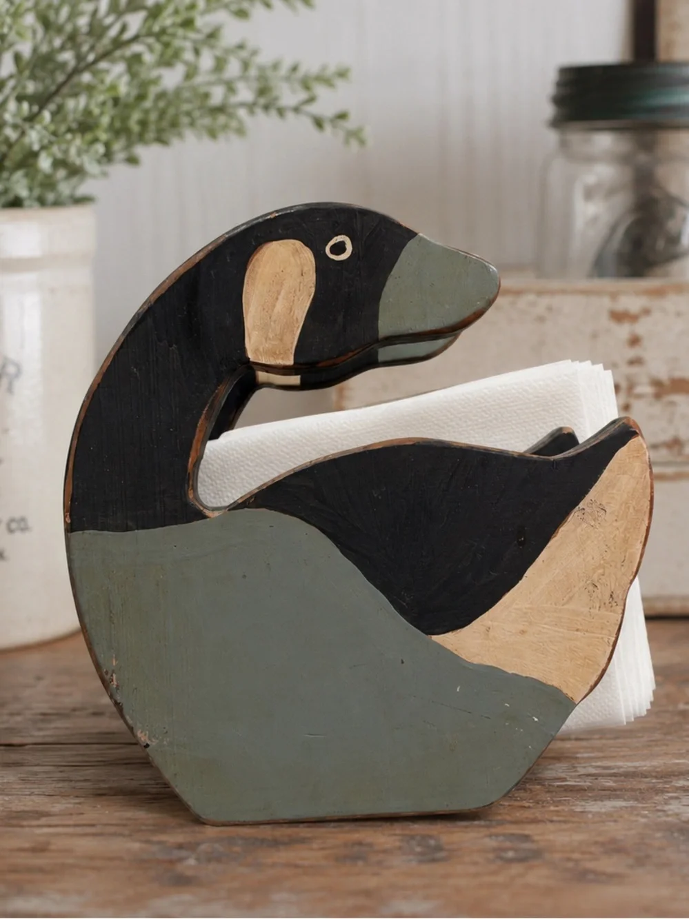 Hand Carved Wooden Duck Napkin Holder Rustic Folk Art Waterfowl Kitchen Table